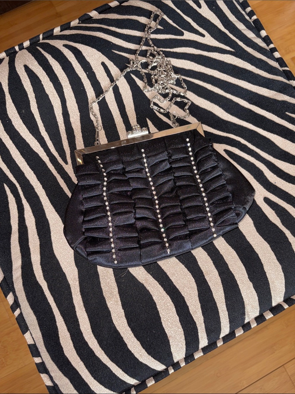 Black Satin Evening Clutch with Crystal Accents and Chain Strap